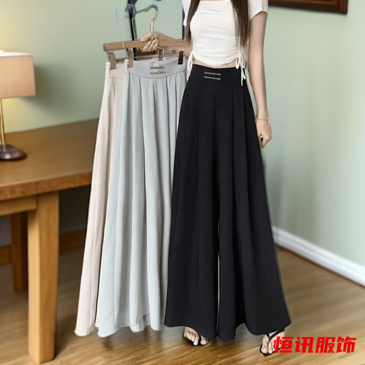 美梵朗夏季百搭外穿高腰雪纺盘扣垂感阔腿垂坠感收腰遮肚长款裙裤子女潮 黑色春夏款阔腿裙裤838 L 建议100-115斤