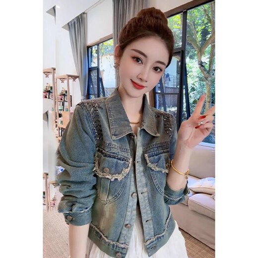 Girls 2025 Automne Nouveau design européen avec un bord brisé Pift Craft Diamond Backle Denim Jacket Retro Veste Retro Top Blue M
