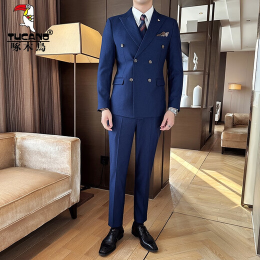 Woodpecker (TUCANO) lapel collar double-breasted suit men's slim suit striped small suit professional formal suit groom handsome wedding dress black one-piece suit XL