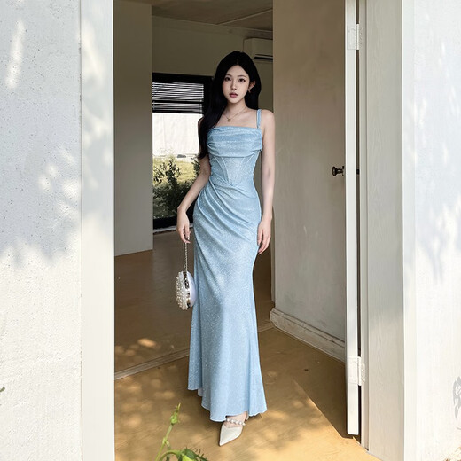 Now Pauline European and American blue dress women's sparkling long skirt annual party dinner birthday dress blue M