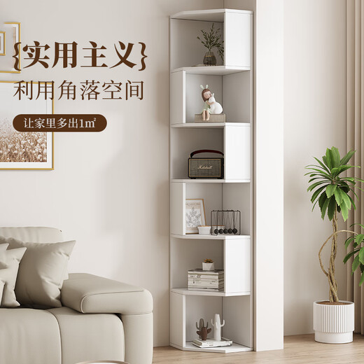 Jiuchen solid wood corner cabinet living room corner bookshelf wall storage rack floor-standing corner bay window cabinet household multi-layer storage side cabinet elegant white six-layer 40*180*40Cm-installation included