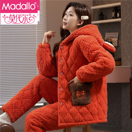 Modal pajamas for women in winter coral velvet three-layer cotton thickened plus velvet cute cartoon flannel warm home clothing set Y1-9906 (lamb style) XL (height 165-170cm, weight 115-130