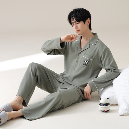 
Couple pure cotton pajamas for women with autumn and winter with chest pads, panda long sleeves, new style of New Year's goods, large size, can be worn outside home clothes 16803 men's gray-green [Autumn and winter thickened] L 100-120Jin [Jin equals 0.5 kg]