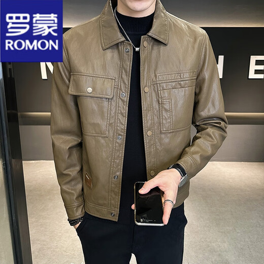 ROMON leather jacket men's spring and autumn 2025 new yuppie handsome young and middle-aged shirt collar casual simple slim motorcycle jacket coffee color regular L
