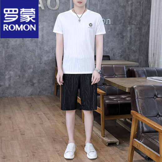 罗蒙（ROMON）夏季薄款运动休闲套装短裤睡衣男纯色压花五分裤冰丝短袖t恤一套 863白色套装 【短袖】 XL 120-135斤