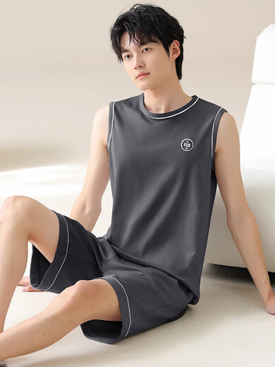 Pyjamas Herren Sommer Reine Baumwollhülsenweste Sommer Teenager Großgröße Dünne Freizeitkleidung für Herren, Set Ydy13657 XL Code (empfohlen 120-140jin [Jin gleich 0,5 kg]) Gleiche Größe