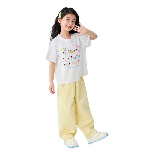 moonkids女童套装2025新款儿童夏季卡通短袖t恤两件套大童时髦夏装阔腿裤 19018白色短袖+15280嫩黄色 110 cm