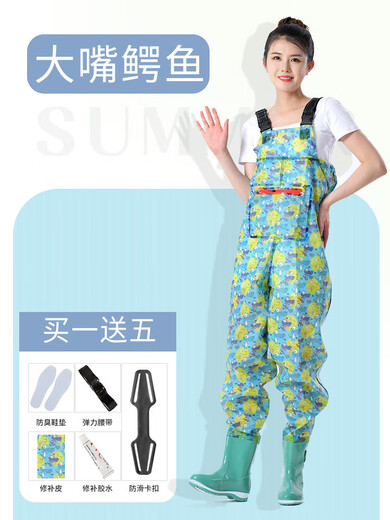 Women's waders, half body one-piece, fishing beach rain boots, big children's waterproof rain pants, waist-length for sea wading, blue and gray large mouth crocodile overalls (large pockets), one size fits all, 36 shoe size