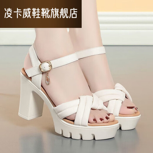 Lingka Qiyuzui shoes summer sandals open toe one-line elegant high heels thick sole waterproof platform versatile black 6.5 cm style 35