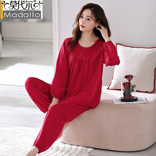
Modal pajamas for women in spring and autumn pure cotton long sleeve red festive year women's large size for outdoor wear home clothing suit Crimson Y682 3XL