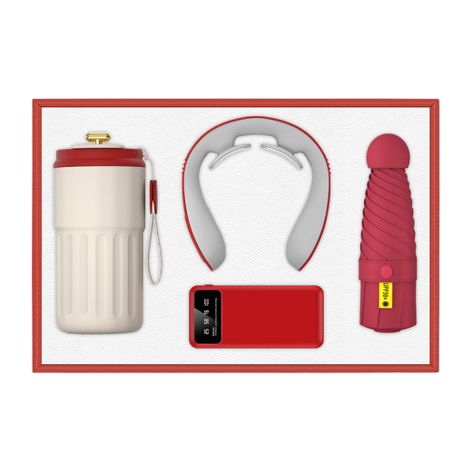 Liwang Souvenirs Business Gift Reunión personalizada Mes de seguridad Souvenirs Empleado Actividad práctica de la empresa THERMOS CUP SET RED-CUP + NECK Protector + Electric Treasure + Umbrella [Caja de regalo]