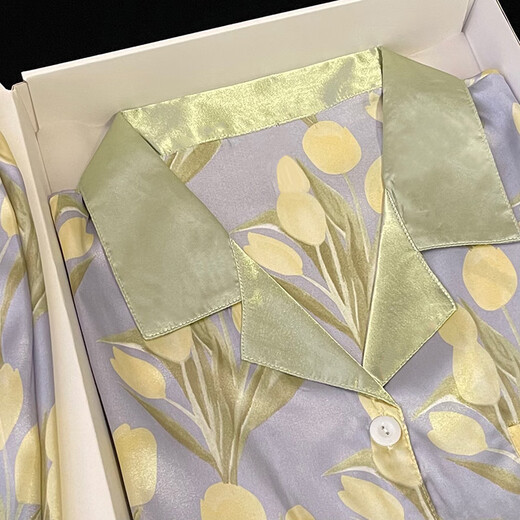 Xuan Mulin Tulip Pyjamas für Frauen im Sommer Dünneis Seiden kurzärmelige Damen große Heimkleidung SDX#9902 Grüne Tulpen kurzärmelige Shorts M 75-95jin [Jin gleich 0,5 kg]