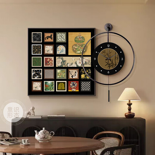 CLCEY增强中古风百联餐厅装饰画led灯带钟表感壁画复古饭桌背景墙挂画 K12807+PB58 a50*50cm画+50*50cm挂钟带钟摆