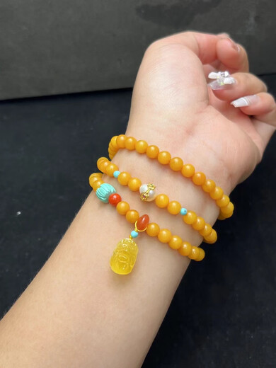 Lierui Natural Beeswax Three Circle Bracelet Beeswax Chicken Oil Yellow Pixiu Turquoise Multi Circle Bracelet Ethnic Style Sweater Chain Autumn and Winter 7mm