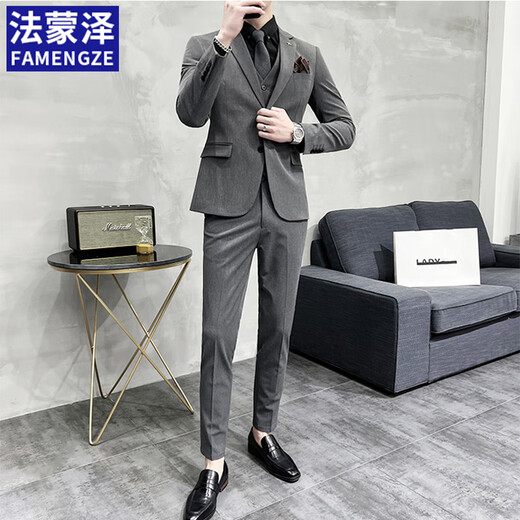法蒙泽西服套装男士商务职业正装结婚新郎礼服休闲英伦风修身西装外套 黑色【西服+西裤+马甲+大礼包】 2XL 【130-145斤】