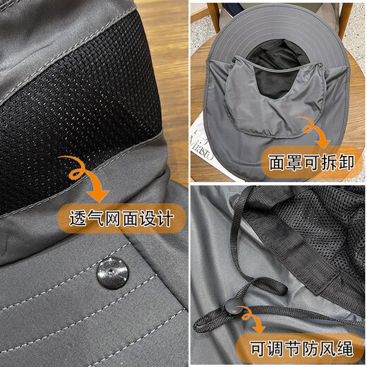 鑫豪睿渔夫帽男夏季遮阳帽子户外钓鱼遮脸护颈一体防晒帽大檐太阳帽草帽 深灰色 均码