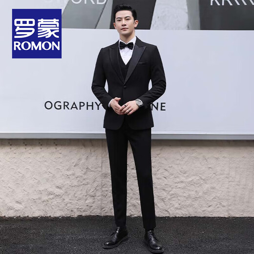 ROMON Groom Wedding Suit Men's Three-piece Korean Slim Tuxedo Dress Suit Business Professional Formal Black Suit Top + Vest + Pants + Shirt Gift Pack XL -48 120-135 Jin Jin equals 0.5 kg
