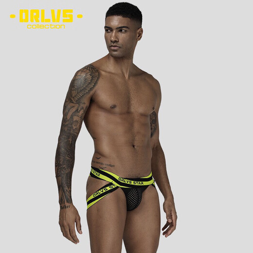 ORLVS men's underwear sexy low-waisted thong u convex pouch hollow double thong underwear with no need to take off, breathable butt lift male 0 yellow M
