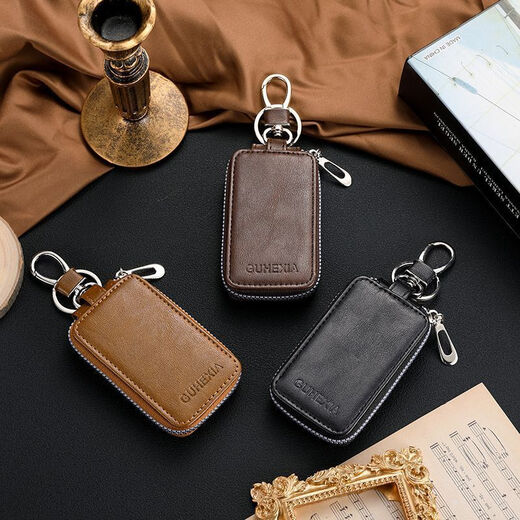 Mutuo Herren Auto Schlüsselbeutel Business Genauer Leder Textur Zipper Universal große Kapazität kreativer Taille hängen Multifunktionsschlüsselbeutel Doppelschicht Reißverschluss-Dark Kaffee
