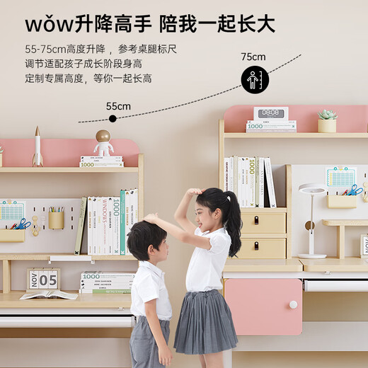 坐得正 儿童学习桌椅套装儿童书桌学生学习桌可升降实木家用课桌写字桌 1m桌带垂直灯+自动追背椅粉 天然实木