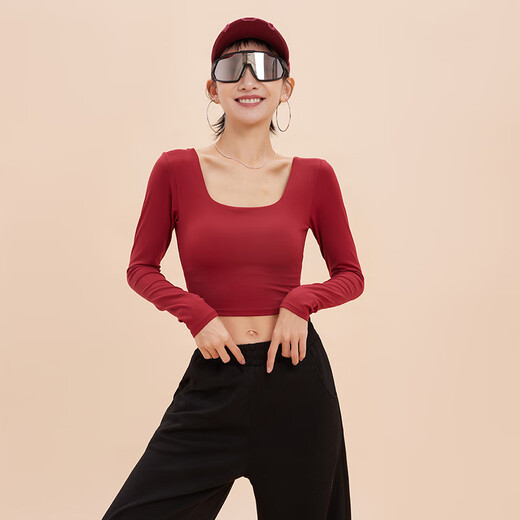 ANNERUN Square Neck Fitness Yoga Wear Long Sleeve Padded Training Wear Pilates Sports Top Women's Spring and Autumn Bottoming Shirt Trendy Ankora Red S