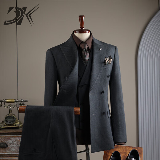 DK high-end men's lapel suit suit men's double-breasted jacket casual business formal groomsman wedding suit dark gray stripes (suit + vest + trousers) 6XL suitable (185-200)
