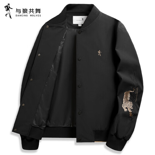 Dances with Wolves Tiger Logo Embroidery Men's Baseball Collar Jacket Easy Care and Versatile Jacket 001 Black L(175)