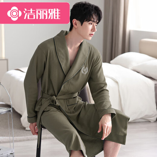 Jeriya waffle bathrobe men's spring and autumn pure cotton medium-length men's nightgown 2025 new water-absorbing integrated bathrobe LJ16834 L size [weight 120-140Jin [Jin equals 0.5 kg]]