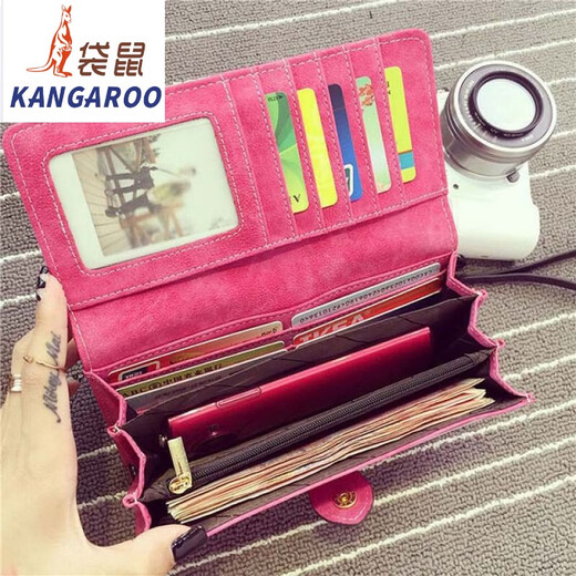 Kangaroo 2025 new fashion Korean version retro frosted wallet women's long zipper buckle wallet student wallet mobile phone bag flagship - brown color [storage store with card bag]