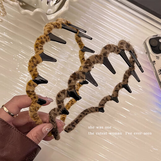 美发工具复古气质豹纹带齿毛绒发箍高颅顶防滑发卡化妆发饰头箍 3#深豹纹发箍
