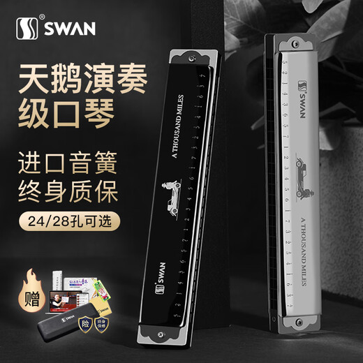 天鹅（SWAN）口琴演奏成人24孔28孔复音C调初学者小学生专用儿童入门 黑色【24孔重音C调+视频教程】