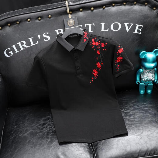 Yihaofeng trendy Chinese style fashion plum blossom embroidered polo shirt men's short-sleeved 2024 summer new style lapel versatile T-shirt trend black L recommended 100-120Jin Jin equals 0.5 kg