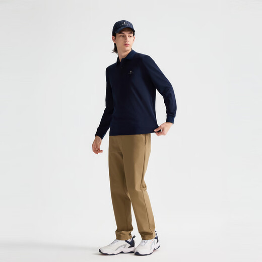 Biyinlefen functional cotton spring and autumn men's commuter lapel long-sleeved polo shirt light business skin-friendly casual fashion top 25 navy blue 2XL (115)