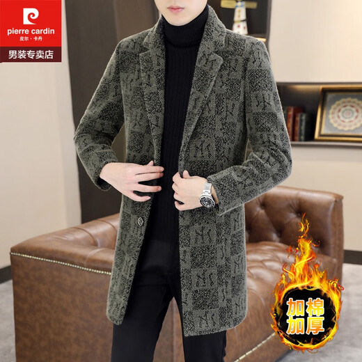 Pierre Cardin mid-length woolen coat for men in autumn and winter, cotton thickened suit collar, woolen windbreaker, gold mink velvet coat, 730 black, feel/counter quality 2XL 130-145Jin Jin equal to 0.5 kg, can be worn