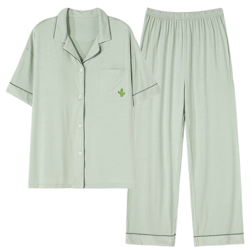帕兰朵带胸垫睡衣女士夏季短袖长裤开衫莫代尔凉感家居服夏天2025年新款 X12101# XL