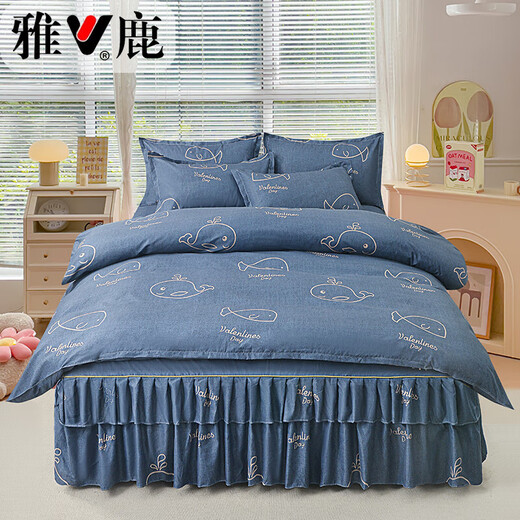 Yalu Bed Skirt Four-piece Set Pure Cotton Four Seasons Big Red Wedding Bed Sheets and Quilt Covers for Home Doubles Can Be Given as Gifts Little Whale 1.8m Bed Skirt Four-Piece Set
