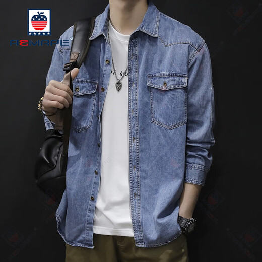 Aemape Casual Shirt Men's Spring American Shirt Men's 2025 New Jacket Men's Spring and Automne Top Top Long à manches de Denim Blue 723 Modèle M Convient pour 110-125Jin [Jin est égal à 0,5 kg]