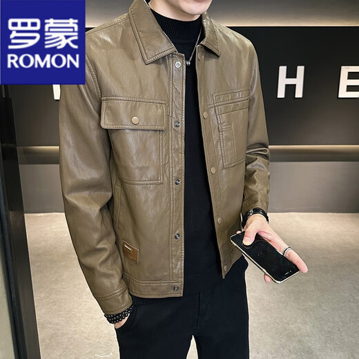ROMON leather jacket men's spring and autumn 2025 new yuppie handsome young and middle-aged shirt collar casual simple slim motorcycle jacket coffee color regular L