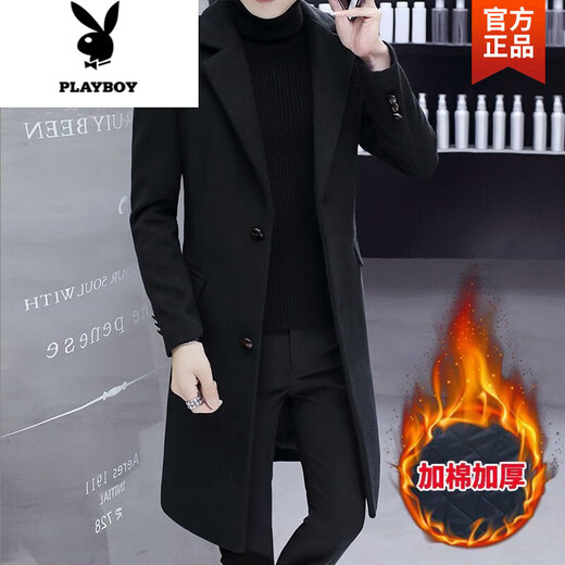 Playboy (PLAYBOY) windbreaker men's autumn and winter new Korean style trendy woolen windbreaker men's mid-length cotton thickened woolen jacket men 617 black L 110-120Jin Jin equals 0.5 kg