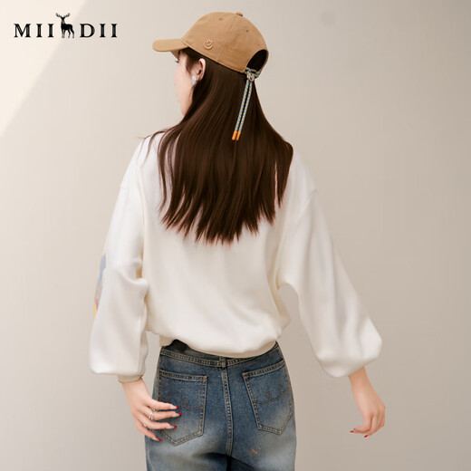 谜底圆领卫衣长袖女2025春新品艺术感印花百搭宽松上衣251MV5009 本白 S
