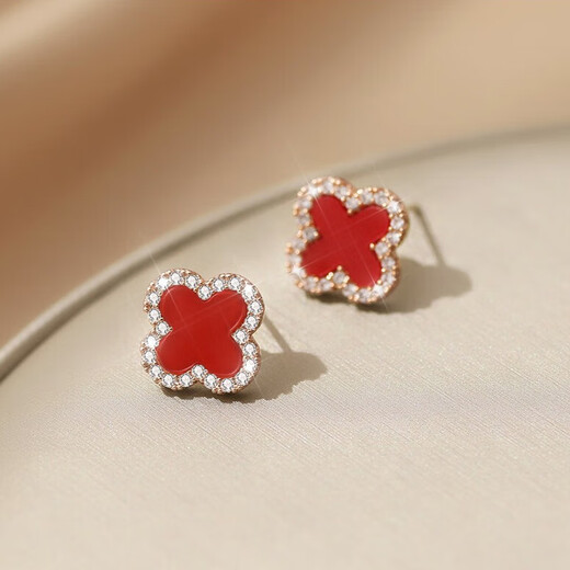 MIMORE S925 silver and red agate four-leaf clover earrings for women, fashionable, high-end, temperamental earrings for piercing, no need to remove and prevent clogging