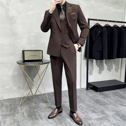 Jessons Herren-Doppelbrust gestreifter Anzug Bräutigam Hochzeitskleider Business Casual Work Work-Interview Anzug Dreiköpfig dunkelblau (Anzug + Hemd + Weste + Hose) 5xl (175-190jin [Jin gleich 0,5 kg])