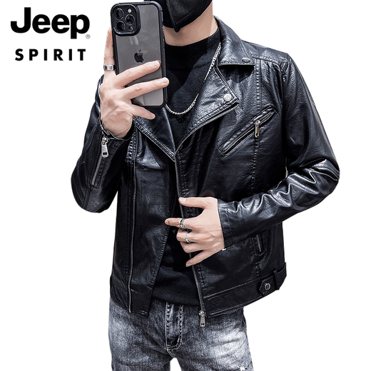 JEEP SPIRIT motorcycle leather jacket for men in spring and autumn new style suit collar handsome pu jacket slim short British style black 2XL 140-155Jin [Jin equals 0.5 kg]