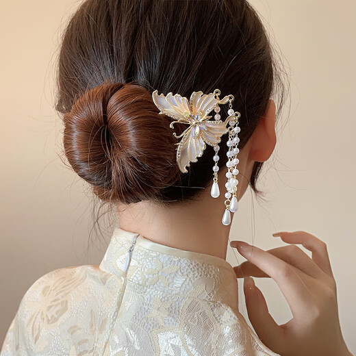Nianfu New Chinese Style Butterfly Pearl Hairpin for Women Ancient Style Tassel Temperament U-shaped Hairpin Mid-Autumn Festival Gift for Girls White Butterfly Two-Tooth Hairpin