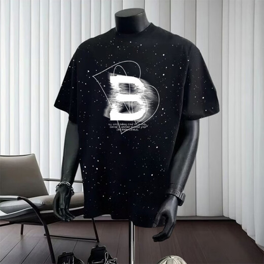 Jinrenchu 2025 Été Nouveau American Star T-shirt lourd à manches courtes Ins Ins Round Round Col Top polyvalent M7 Black à manches courtes 733 S