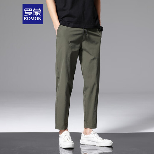 
ROMON casual pants men's summer loose sports straight pants ice silk elastic nine-point pants men's clothing 718 military green 3XL