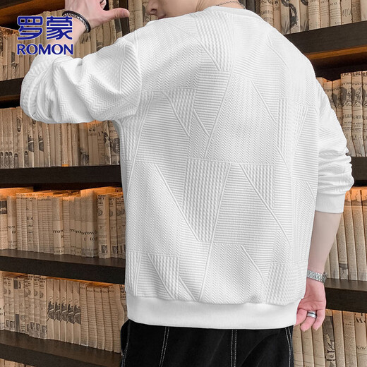 ROMON sweatshirt men's autumn and winter casual long-sleeved T-shirt men's loose tops men's bottoming shirt white XL