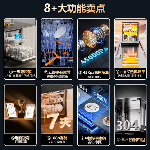 Supor 15 sets of built-in dishwashers with large capacity, upgraded to 110, hot air drying, super water efficiency, layered five-arm hurricane washing, washing, disinfecting and drying in one