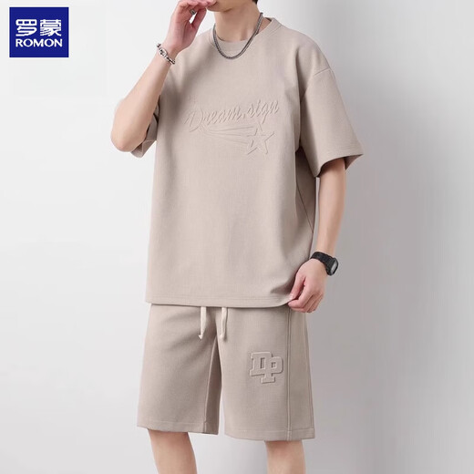 Romon kurzärmelige T-Shirt-Anzug Herren Sommer Dünne trendige kurzärmelige, vielseitige, lose Shorts Zweiköpfige Set MLS-DK719 KHAKI + MLS-TX008 KHAKI XL