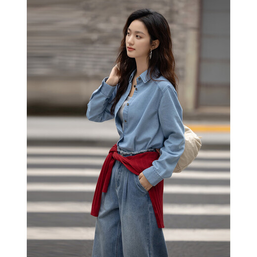 Demana intelligent denim spring simple lapel patchwork shirt comfortable hidden meat fashionable denim shirt women's top